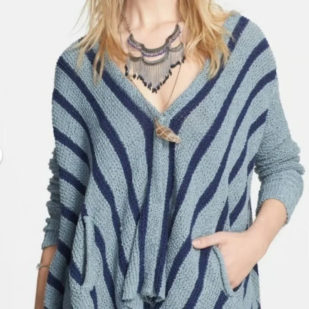 Free People Circle Back Cardigan Blue XS Striped Draped Knit Sweater